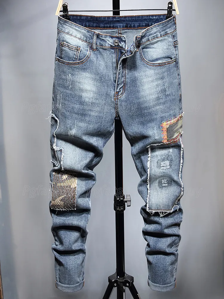 Stitching Stretch Men's Jeans Ripped Destroyed Slim Fit Pants mode Casual Contrast Color Patchwork Streetwear Pantalones Para Hombre Vaqueros