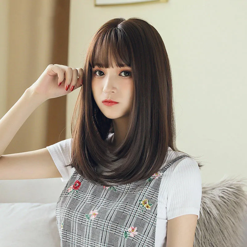 Korean Round Face Shoulder Length Straight Hair With Bangs Round