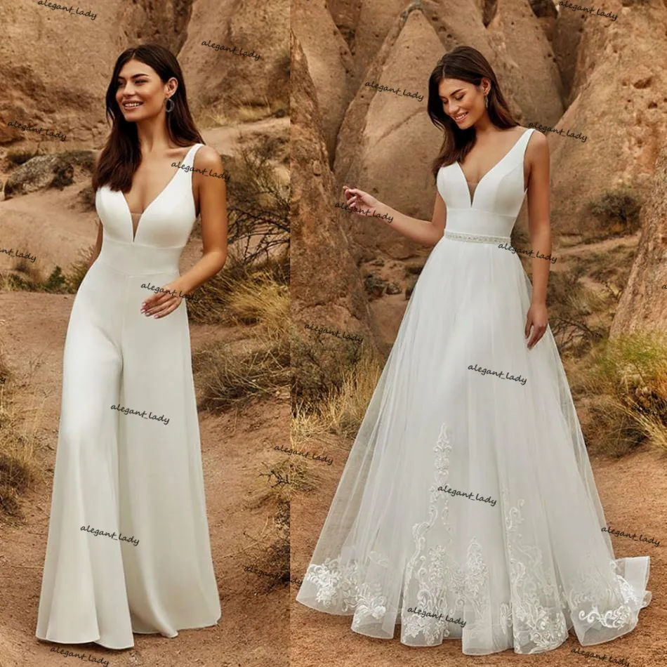 Lace Chiffon Beach Jumpsuit Wedding Dresses with Detachable Train 2021 Sexy V-neck Outdoor Country Bohemian Bride Pant Suit