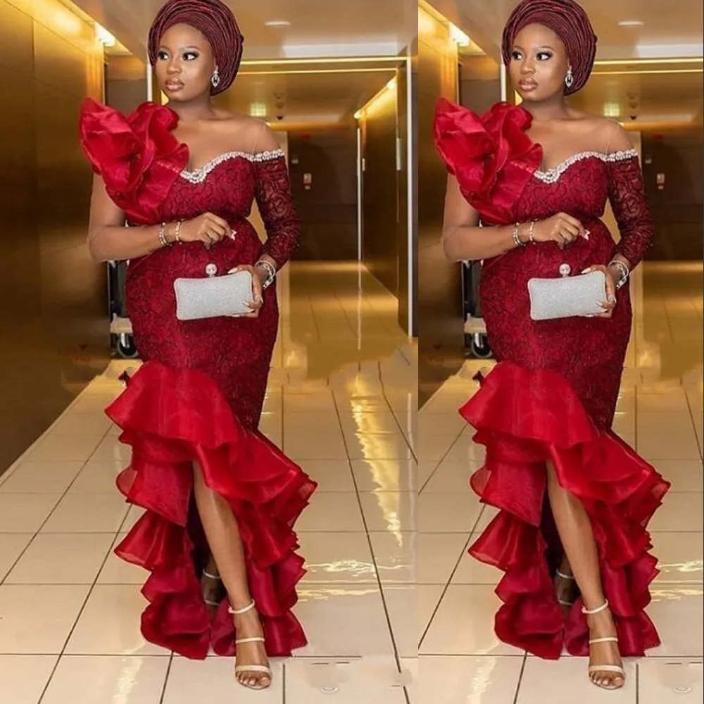 2021 Dark Red Aso Ebi Mermaid Evening Dresses Wear Nigerian Styles Lace Appliques High Low train Formal Party Gowns Plus Size Prom Dress African robe de soir Ruffles