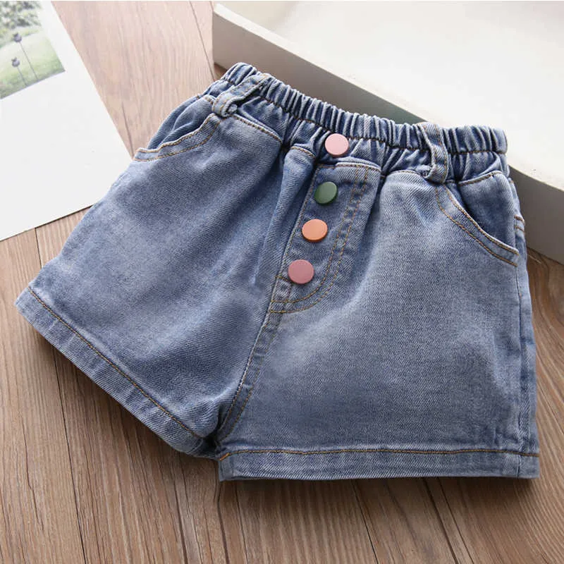 Summer Design 2 3 4 5 6 7 8 9 10 11 12 anni Tasca in cotone per bambini Bottoni colorati Pantaloncini di jeans per bambine 210529
