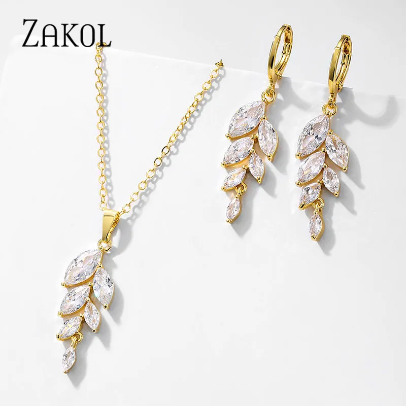ZAKOL cubique zircone feuille crochet boucles d'oreilles collier ensemble pour les femmes élégant mariée fête de mariage bijoux robe pologne Style 2020
