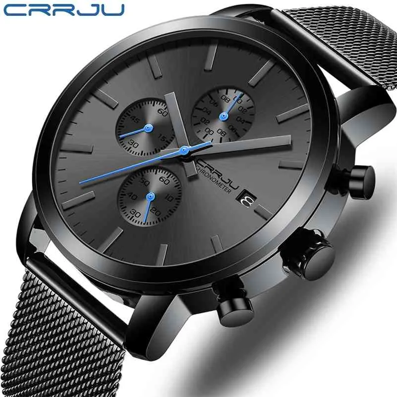 Crrju бренд мужские часы хронографа кварцевые часы мужчины из нержавеющей стали водонепроницаемые спортивные часы часы бизнеса Reloj Hombre 210517