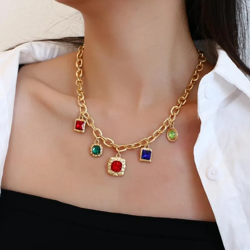Pendant Necklaces Flashbuy Punk Colorful Crystal Pendants Gold Chunky Necklace For Women Men Simple Stylish Neck Hip Hop Jewelry Collier
