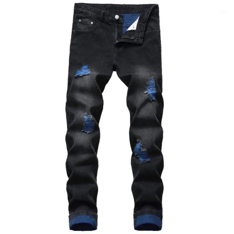 Mäns Jeans 2021 Ripped Höstdesigner Slim Fit Svart Blå Denim Byxor Man Distressed Destroyed Byxor