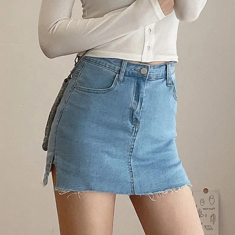 Skirts 2021 Korean Version Of High Waist Denim Skirt Short Summer Anti-glare Split A-line