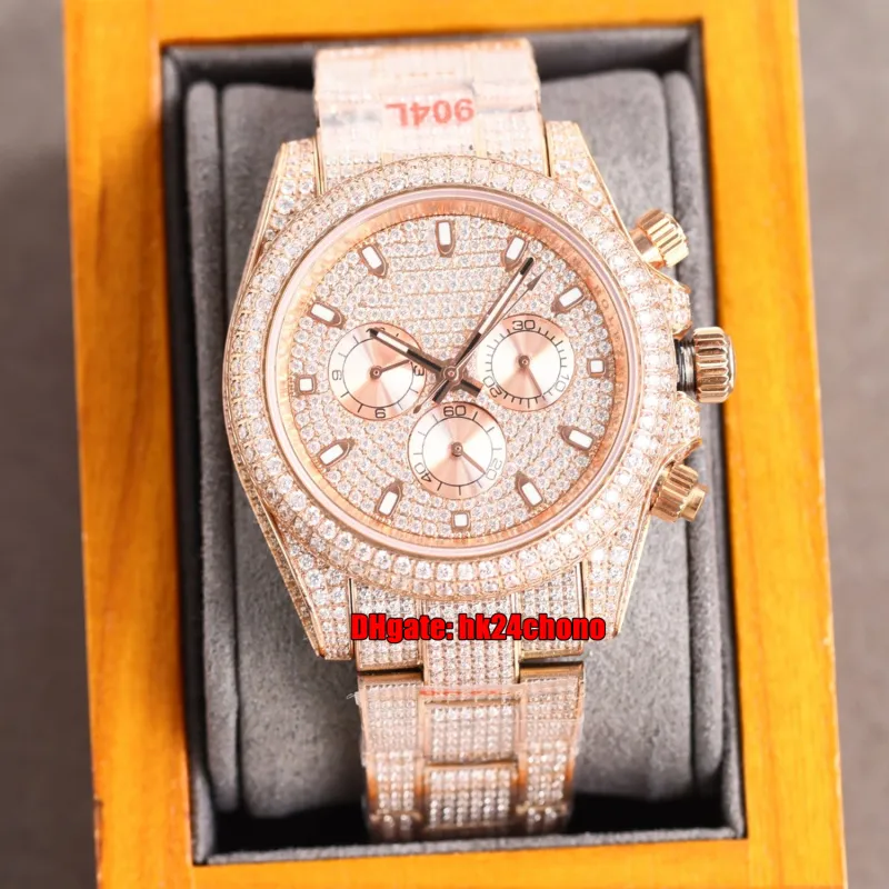 JVS Watches 40mm Iced Out Full Diamond ETA7750 Cronografo automatico Orologio da uomo Quadrante con diamanti Pav￩ Bracciale in oro rosa Bracciale Fibbia Oyster Orologi da polso da uomo
