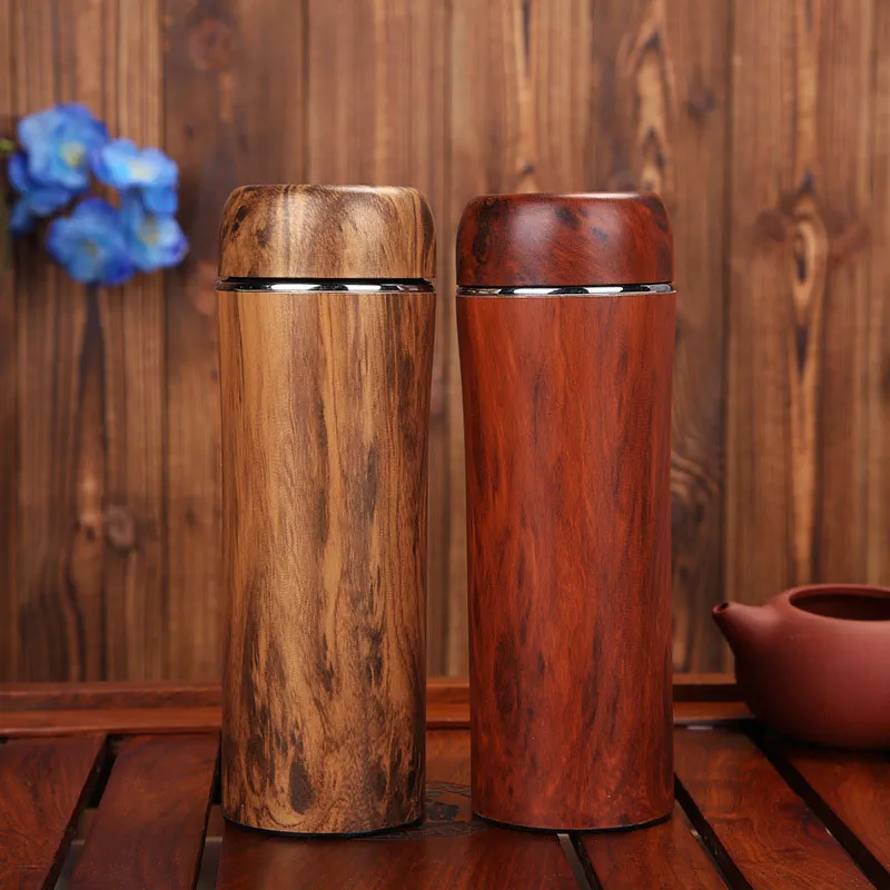 Stainless Steel Water Bottles 2 Colors Double Wall Insulation Tea Cups Wooden Bamboo Print Pattern Color Thermos Cups