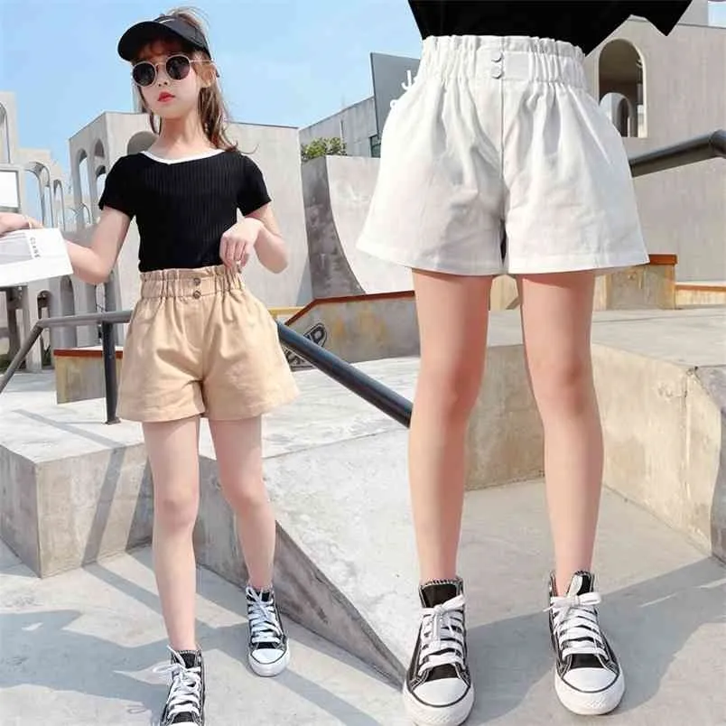 Big Girls White Khaki Color Short Jeans Kids Elastic Waist s Pants Teenager Summer Casual 5 7 9 11 12 14Years 210723