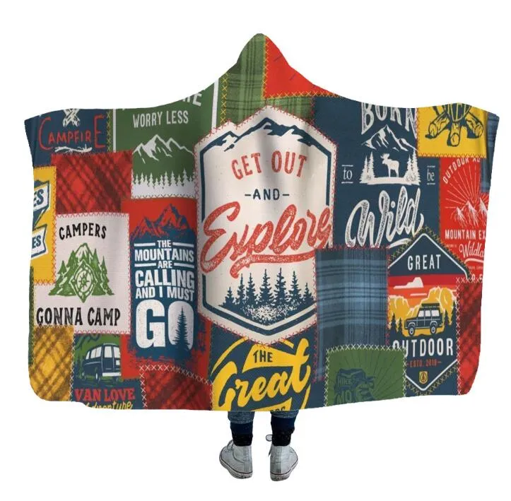 Camping Blanket Cloda Hooded Cape Camp Serie Printing Fleece Blankets Mjuka Varma Sherpa Klippor Badrock Soffa Soffa Sovsäck Hem Kids Matta WMQ1207-1