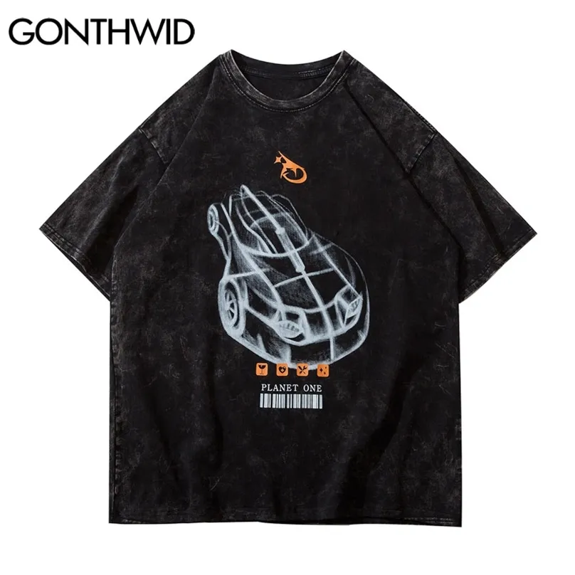Tshirts de gran tamaño Streetwear Graffiti Coche Impresión apenada camisetas Camisetas Hip Hop Casual suelto de manga corta Tops 210602