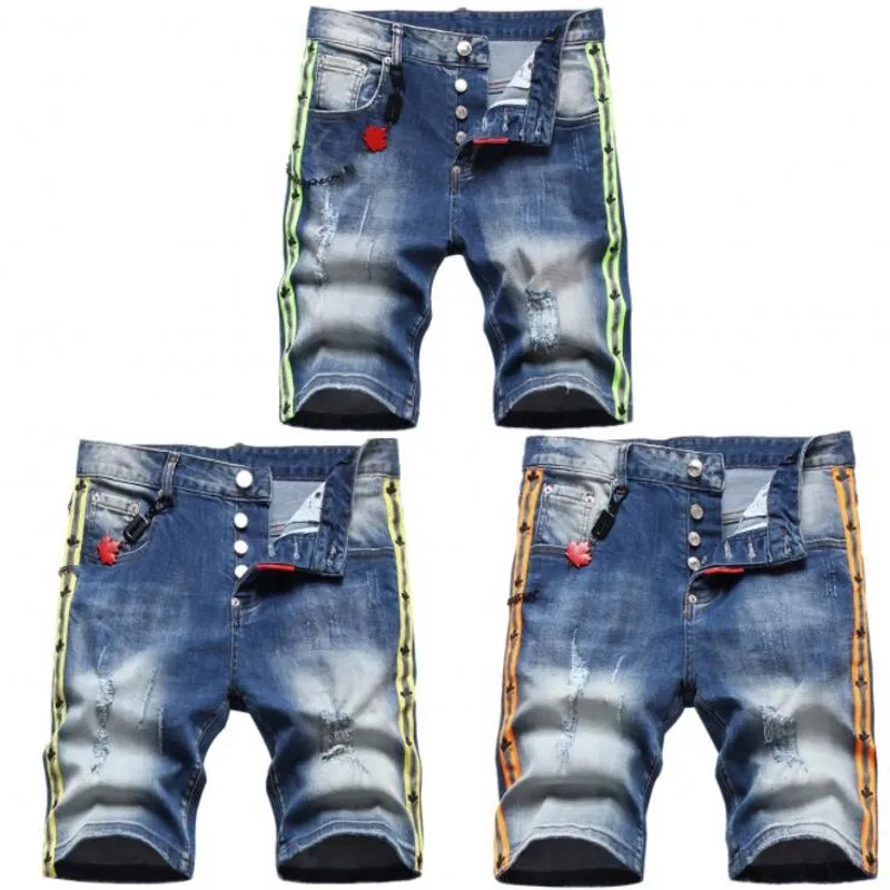 Herren Shorts Jeans Mode Stylist Sommer Männer Riss Gerade Hosen Die seite streifen Kurze Knie Homme Casual Jean