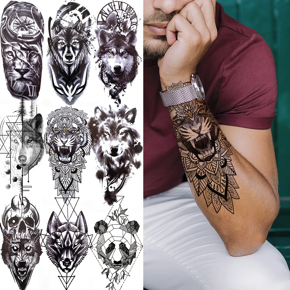 Tiger Black Tribal Totem Temporary Tattoo For Men Women Kids Fake Wolf Panda Lion Death Skull Tattoo Sticker Geometric Arm Tatos