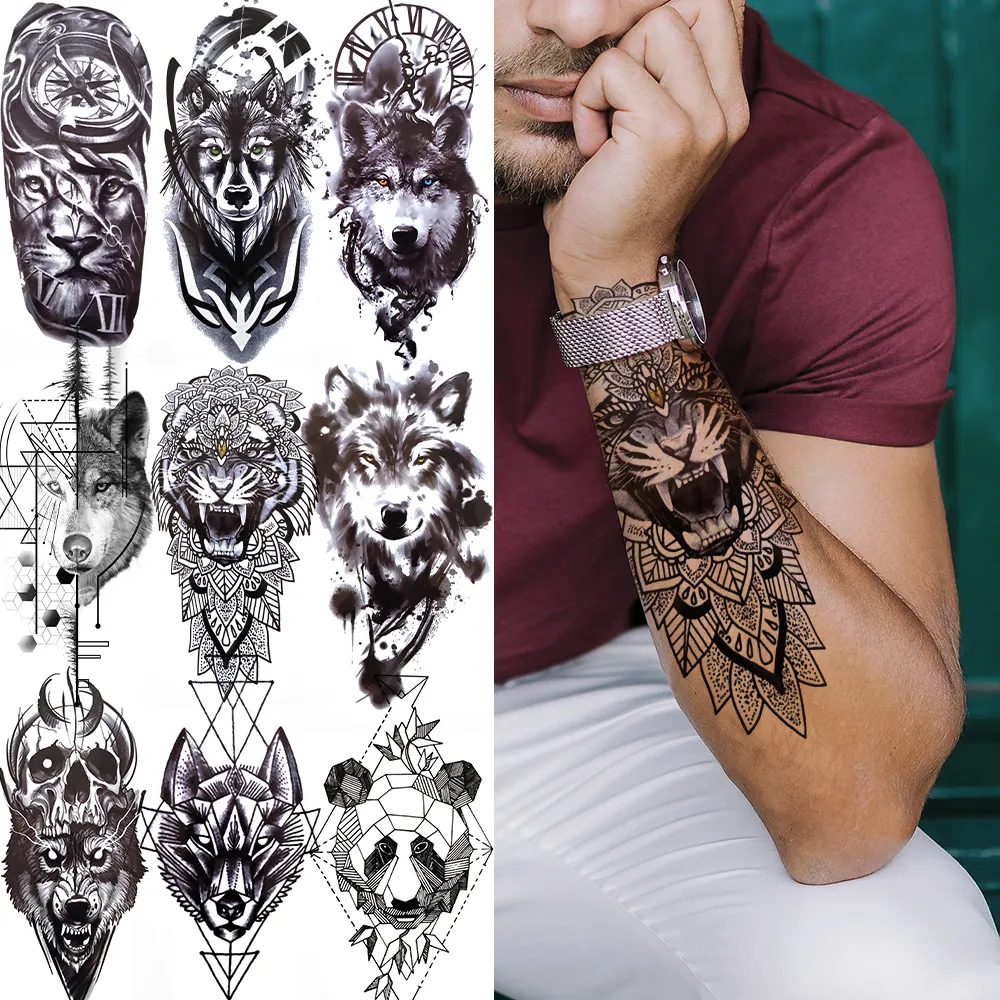 Tigre noir Tribal Totem tatouage temporaire pour hommes femmes enfants faux loup Panda Lion mort crâne tatouage autocollant géométrique bras Tatos