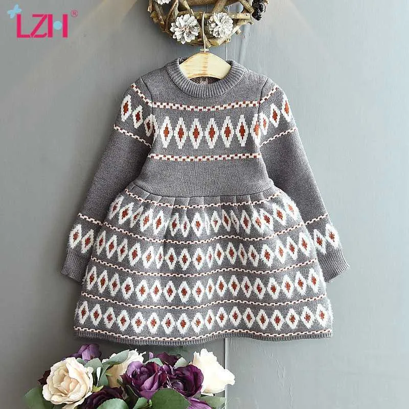 LZH 2021 Autumn Winter Long Sleeve Stretch Slim Slimming Baby Kids Clothes Cotton Jacquard Ethnic Style Dress For Girl 2-6 Years Q0716