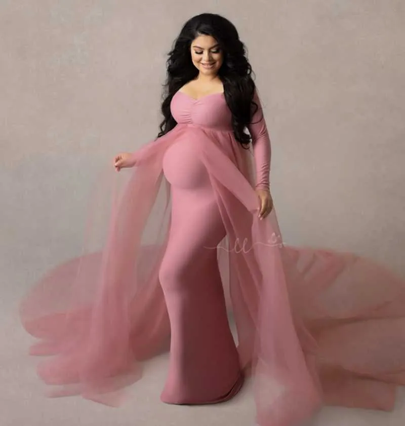 2021 printemps été maternité Tulle longues robes bébé douche coton robe extensible grossesse photographie robe robes de soirée Q0713