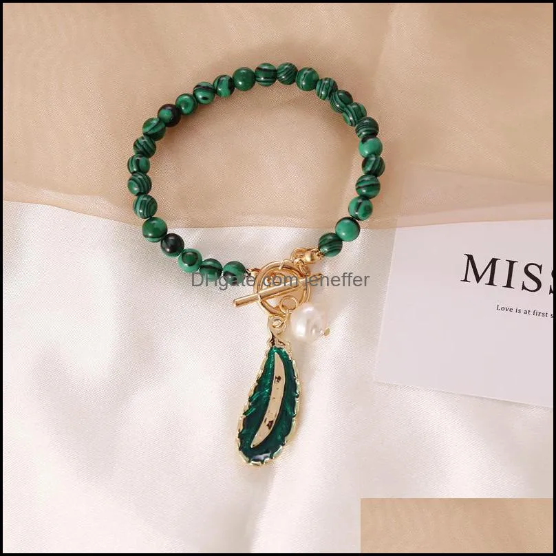 Malachite Alloy Leaves Pearl Drop Oil Women Necklace New Retro Fashion Green Color Stone Pendant Necklace Accessories Wholesale Y0420