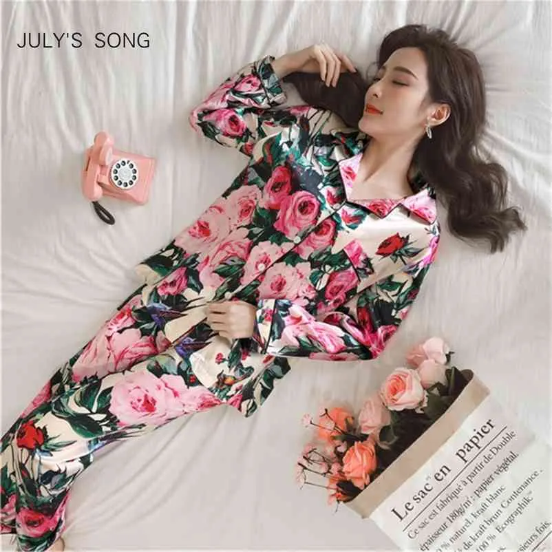 JULY'S SONG Femmes Faux Soie Vêtements De Nuit Satin Pyjama Ensemble Fleur Imprimer Manches Longues 2 Pièce Automne Hiver Pyjama Homewear 210330