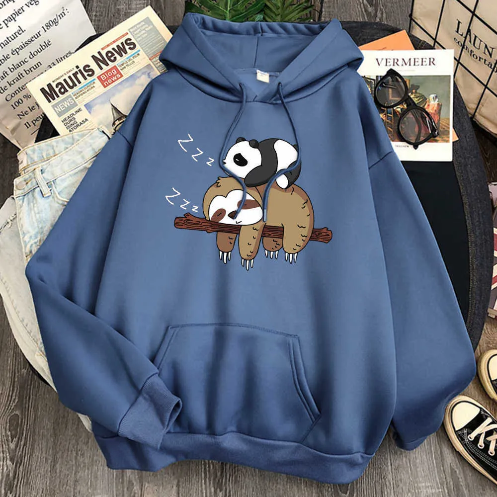 Słodkie Panda i Lenistwo Drukuj Bluzy Man Bluzy 2020 Zimowy Polar Miękkie Dresy Z Kapturem Pulower Nowa Outdoor Sportswear H0909