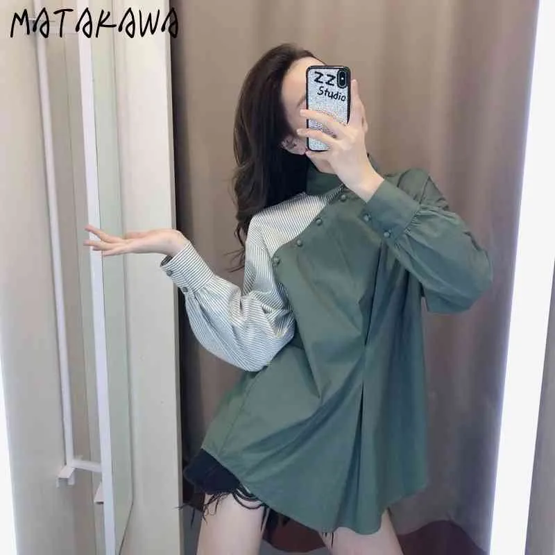 Matakawa listrado Costura Camisa Mulheres Retro Hong Kong Loose Blusas Moderamento Temperamento Suporte Tops Moda de Manga Longa Blusas 210513