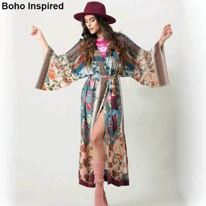 Вдохновленный кимоно Обложка для Купальников Sexy Bikini Coverups Kimono Цветочные Печатные Длинные Рукава Бич Одежда Maxi Robe 210412