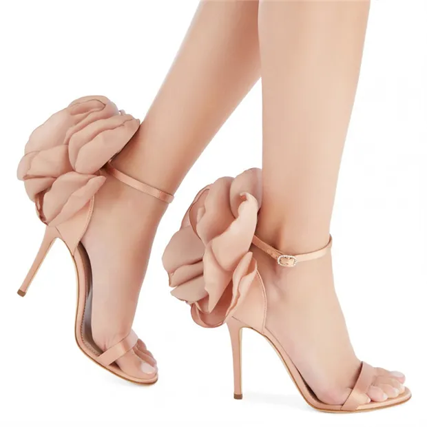 2021 Lady Satin cobrindo couro Sexy Senhoras de 9,5 cm de altura Sandals Sapatos de renda de renda 3d Diamante de flor aberto Aberto da festa de fivela de uma linha Tamanho do casamento 34-42 Nude