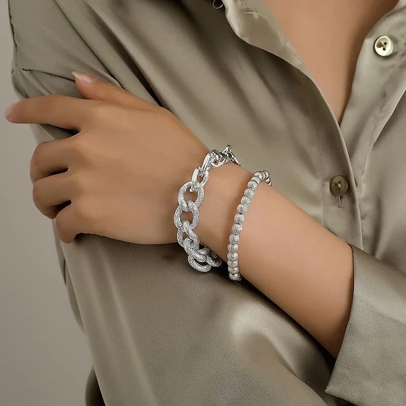 팔찌 패션 펑크 기하학 더블 팔찌 여성을위한 과장 두꺼운 체인 라운드 비즈 매력과 Bangles 보석 디스플레이 선물