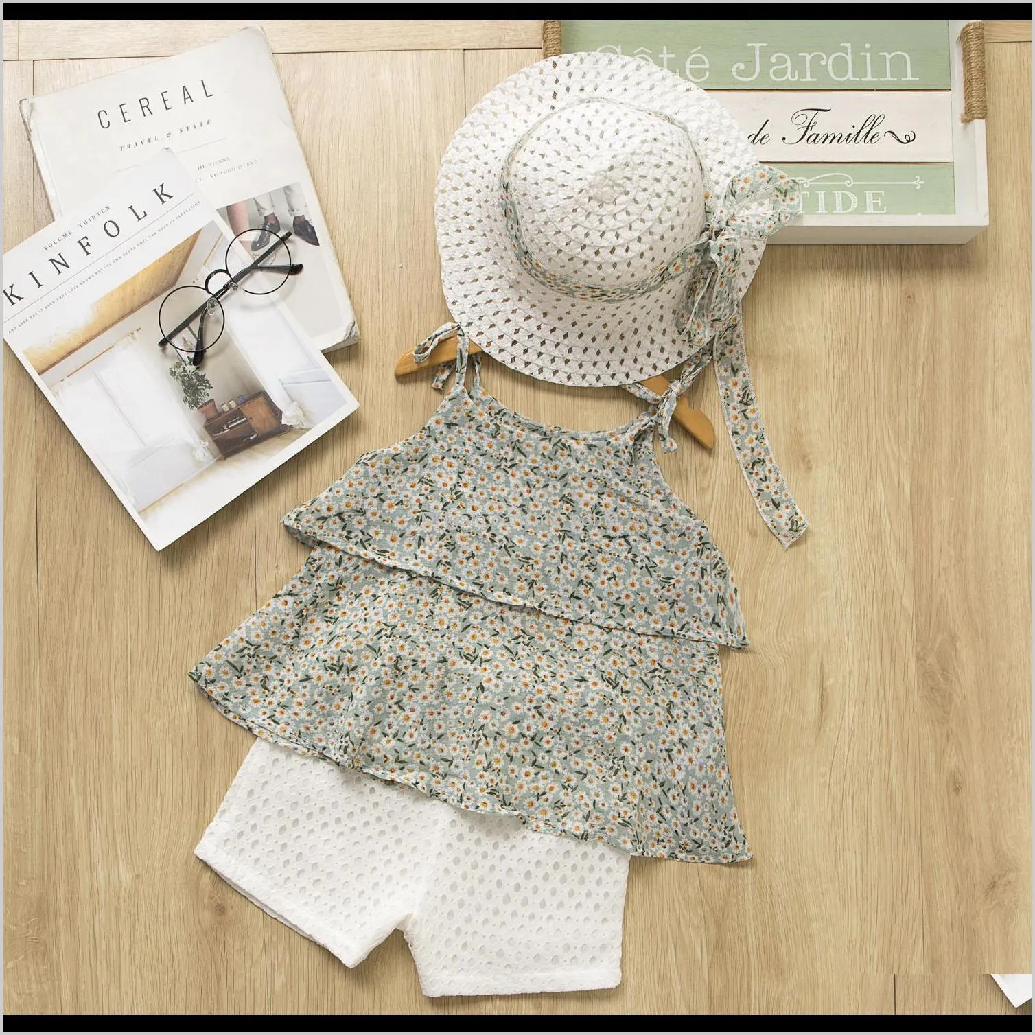 3-piece summer girl cake floral chiffon camisole + hollow shorts + straw hat fashion top and pants suit kid clothes