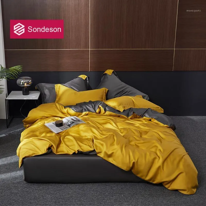 Sondesonトップグレード100％シルクイエロー寝具セット健康的な美しさクイーンキング羽毛布団カバーフィットシートピローケース1