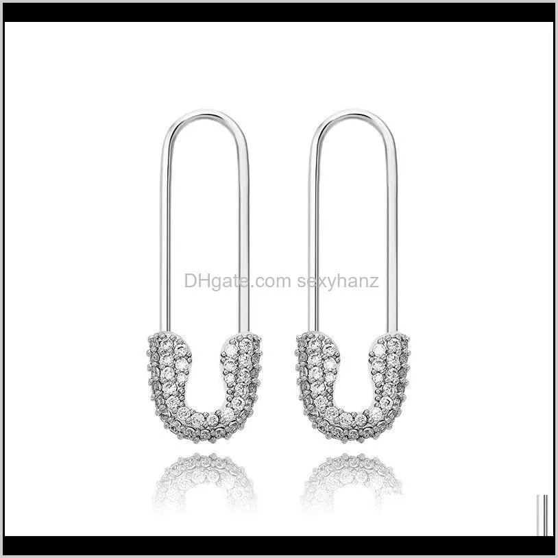 korean micro pave jewelry copper with diamond model safety pin earring gold plated women fashion earrings