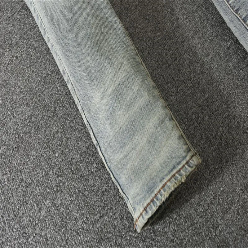 Jeans mens broken holes wool leather collage, European and American street style trend