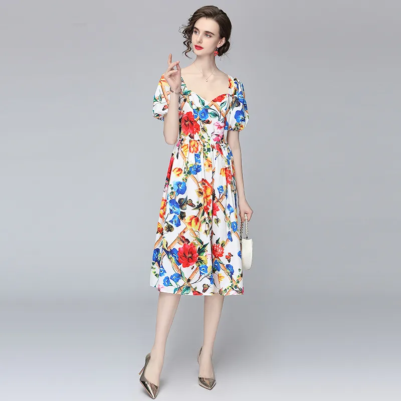 Boutique robes d'été à manches courtes col chérie haut de gamme femmes robe imprimée mode élégante dame robes florales