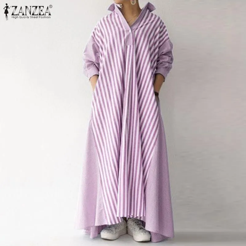 Elegante camisa listrada vestido mulheres outono sundress casual manga longa maxi vestidos feminino roupão de lapela de grandes dimensões 5xl vestidos