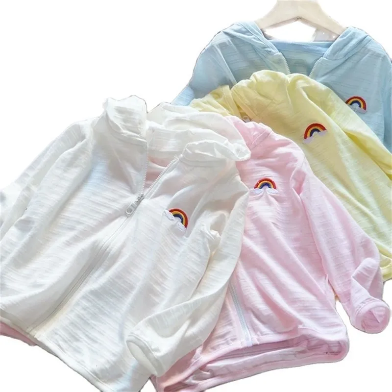 Meninos e meninas de algodão sol proteção de sol fino casaco infantil bordado arco-íris camisa de zíper superior p8642 210622