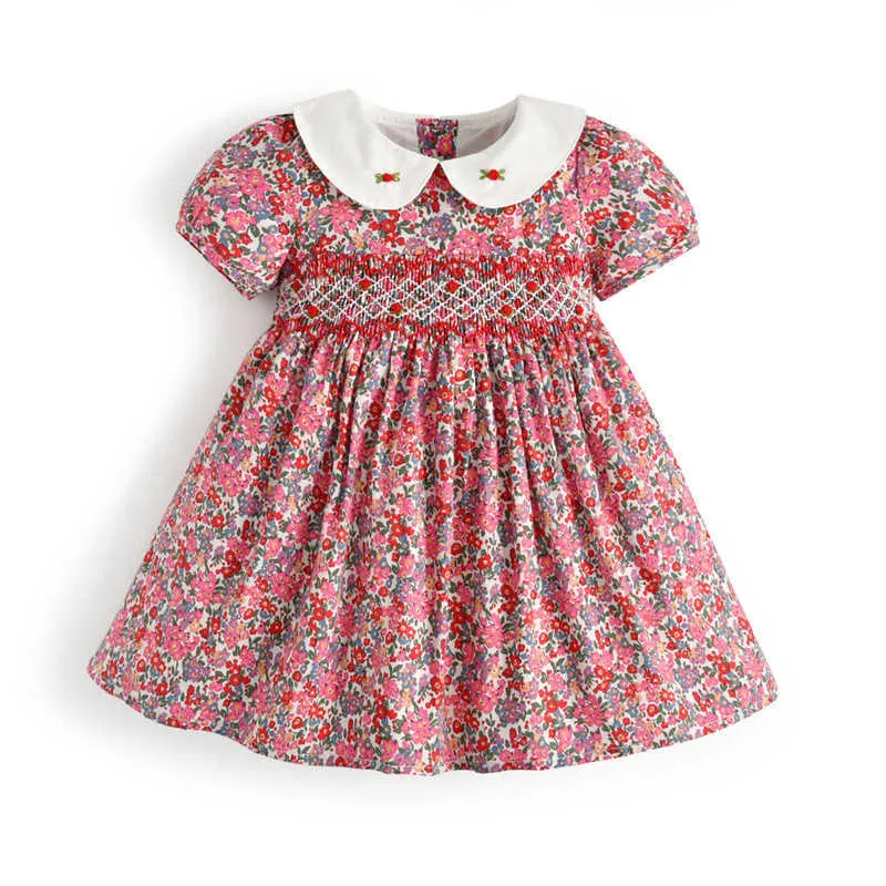 Çocuklar Kız Smocked Çiçek Elbise Bebek Vintage Frocks Toddler İspanyol Skocking Elbise Çocuk Tahmin Giysileri Perter Pan Yaka Q0716