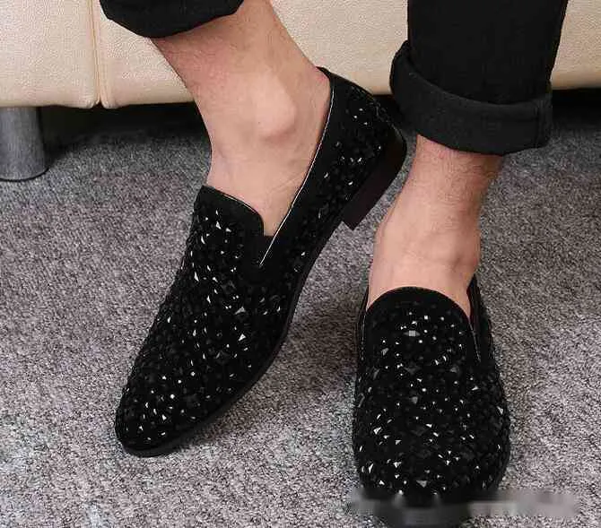 New Dandelion Spikes Flat Leather Shoes Rhinestone Fashion Mens Loafers Dress Shoes Slip On Casual Diamond Pointed Toe Shoes,size38-43