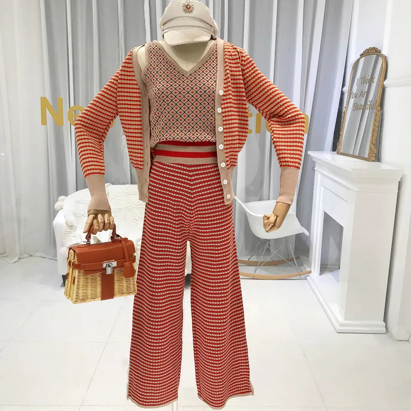 Women Knitted 3 Piece Autumn Winter Striped V-Neck Cardigan Tank Top + High Waist Split Pants 3PCS Clothing Set Pant Suits 210416