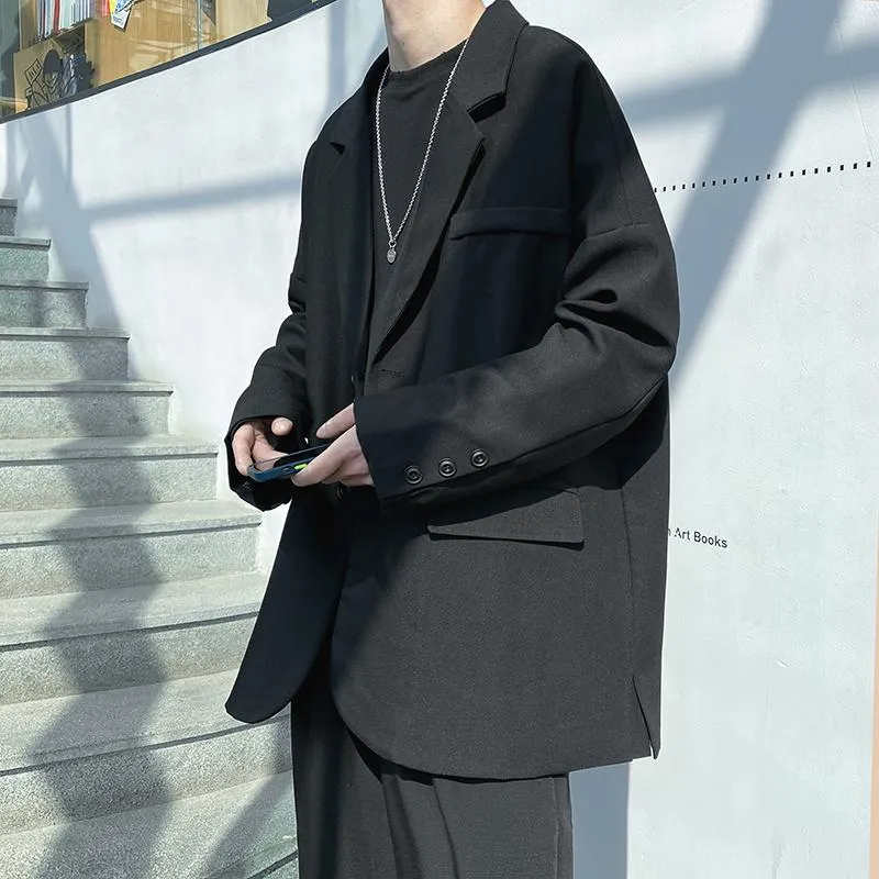 Uomo Solido Nero Blazer Monopetto Coreano Chic Casual Oversize Mens Outwear Tasche Ins Semplice Allentato BF Abiti da uomo