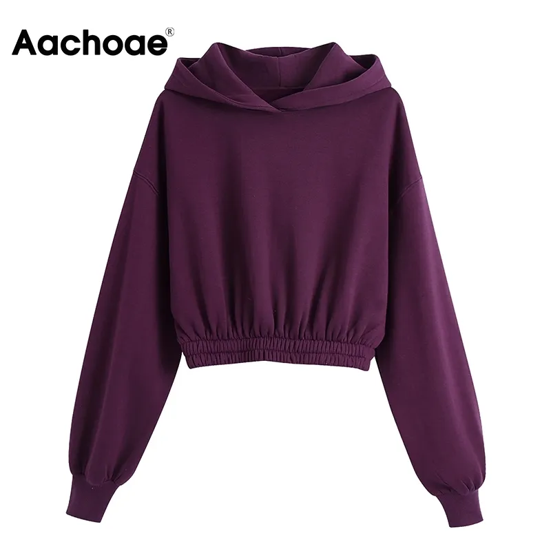 Aachoae Femmes Pure Sweat à capuche Batwing Manches longues Lâche Tops courts Lady Sport Casual Pull Sweat-shirt Femme Sudaderas 210413