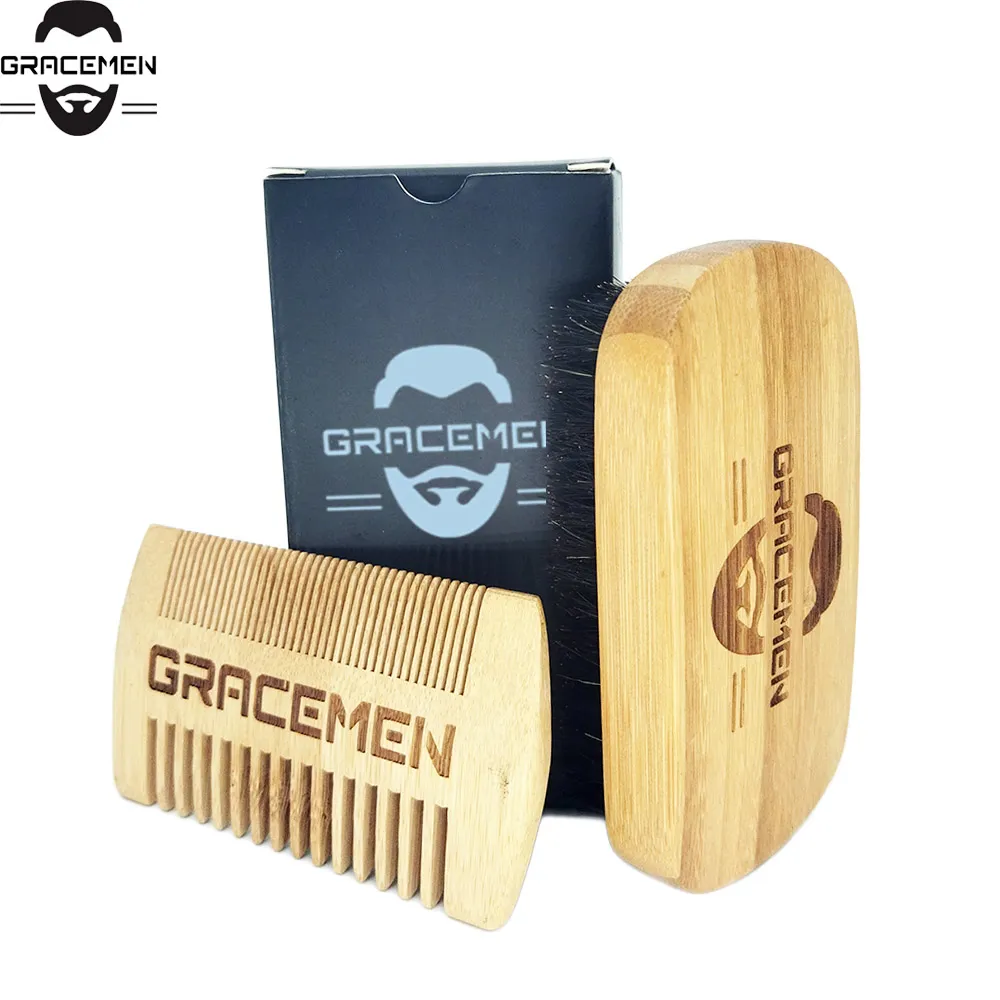 MOQ 100 Sets OEM Personaliseer Logo Eco-vriendelijke Bamboe Facial Hair / Beard Grooming Kits met aangepaste doos voor man borstel Dual Sided Comb