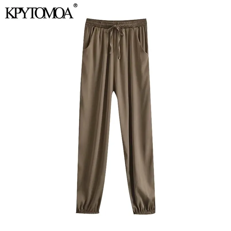 Kvinnor Chic Mode Side Fickor Jogger Byxor Hög Elastisk Midja Drawstring Kvinna Ankelbyxor Mujer 210420