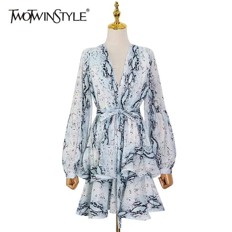 Elegant Hit Color Dress For Women V Neck Puff Long Sleeve High Waist Lace Up Midi Dresses Female Summer Fashion 210520