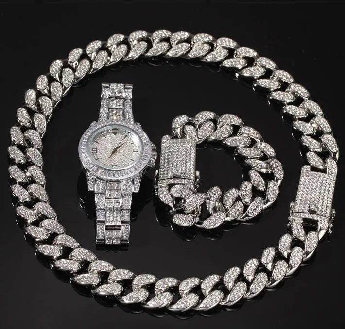 2021 Set Set Naszyjnik Bransoletka Hip Hop Miami Curb Cuban Sain Gold Pełna lodowana kroplona kryminanie CZ Bling dla mężczyzn Jewelr251h