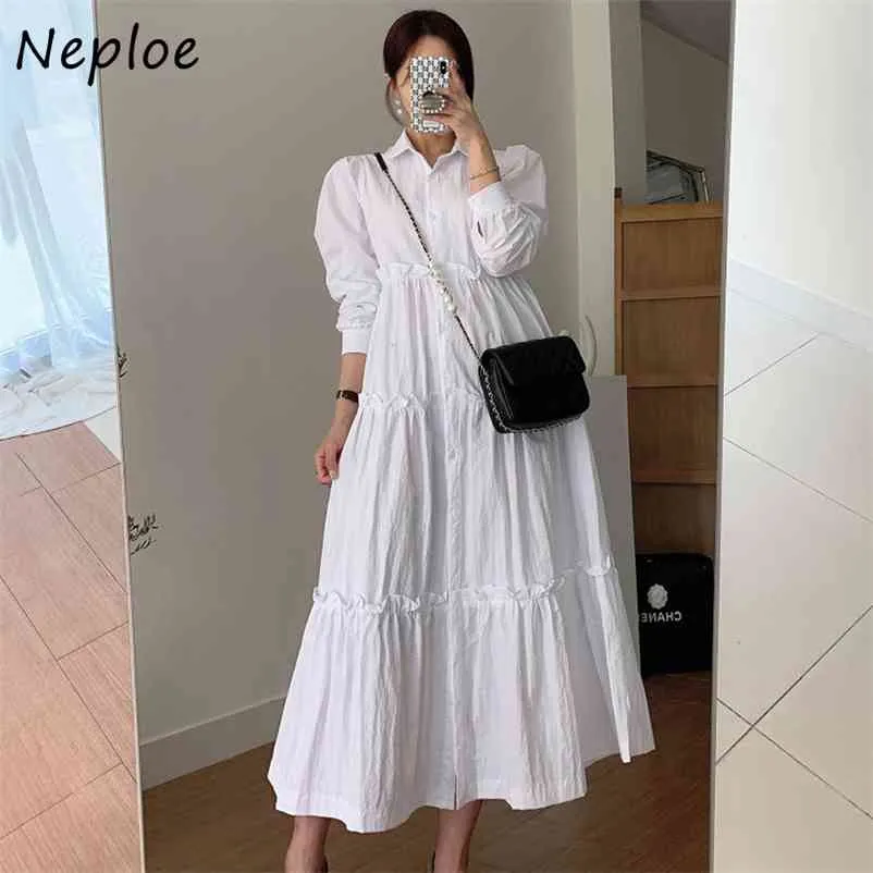 Grzyb Patchwork Big Swing Dress Solid Color Turn-Down Collar Elegant Femme Vestidos Single Sukienki Single Single Sukienki 210422