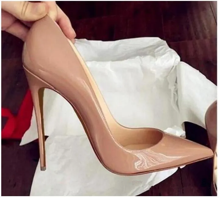 High Heel Shoes Real Leather 8 10 12cm Sexy Pointed Toes Women Nude Black Patent Leathers Pump Wedding Shoe Size 35-43