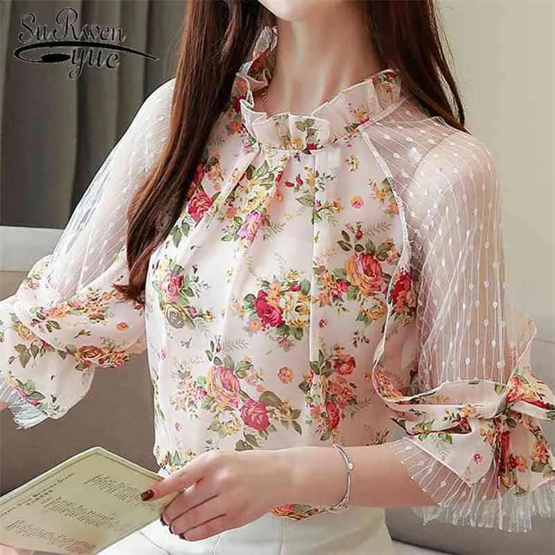 Blusas mujer de moda été femmes blouses camisas imprimé floral dentelle mousseline de soie blouse chemises s tops 4068 50 210427