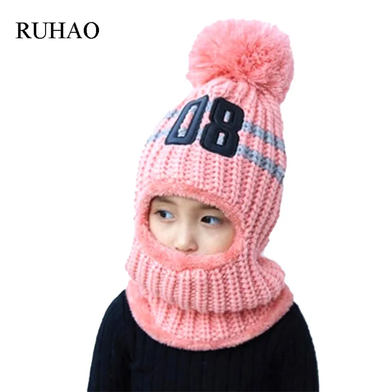 Ruhao Capの親子スーパー暖かい冬のバラクラバウール豆のニット帽子とスカーフ4-12歳の女の子の男の子の帽子211119