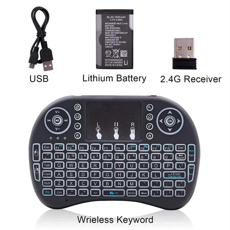 ABD Stok Mini I8 2.4 GHz 3-Renkli Arka Işık Kablosuz Klavye Touchpad Siyah A11 ile