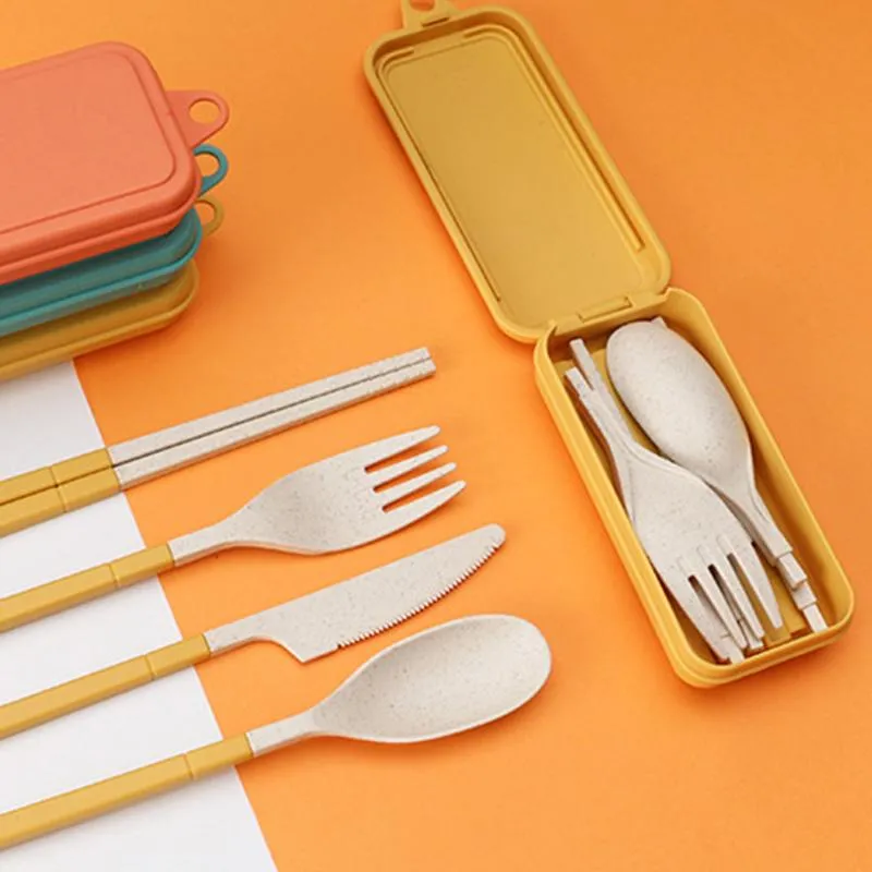 Wheat Straw Fold-Able Cutlery Set Dinnerware Sets Creative Removable Knife Fork Spoon Chopsticks Portable Four-Piece Student Gift GH0030