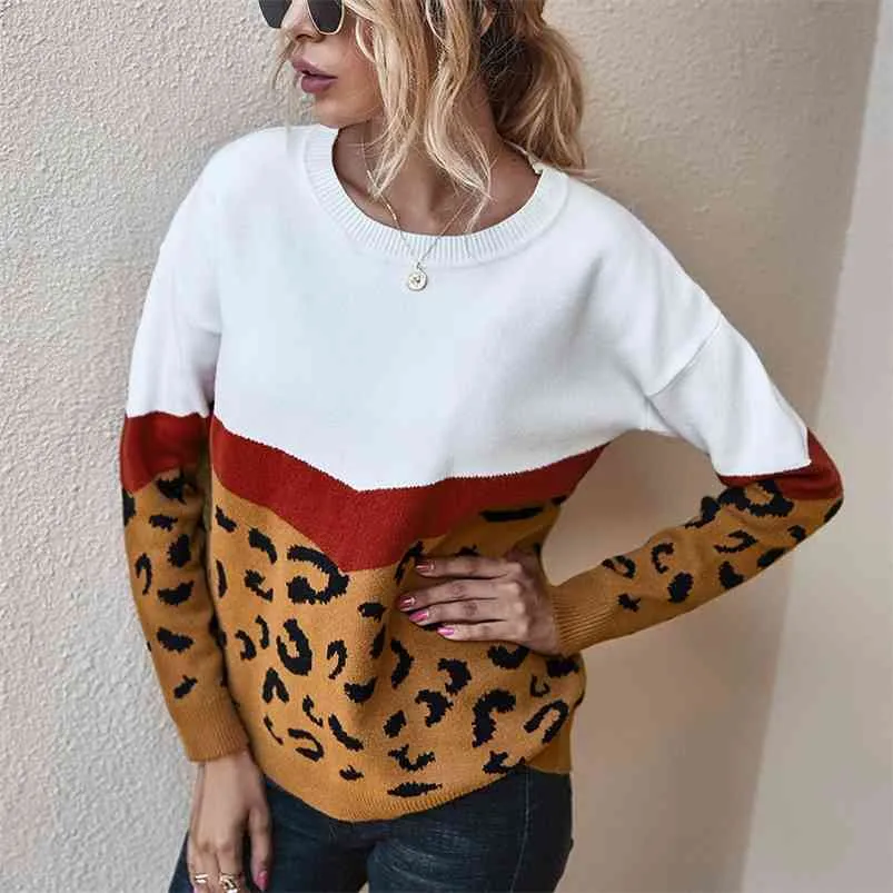 stickad pullover tröja kvinnlig vintage leopard print jumper höst vinter toppar casual mysig 210427